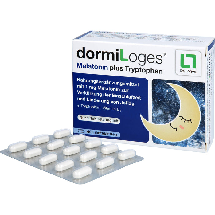 DormiLoges 1 mg Melatonin plus Tryptophan Filmtabletten zur Verkürzung der Einschlafzeit, 60 pc Tablettes