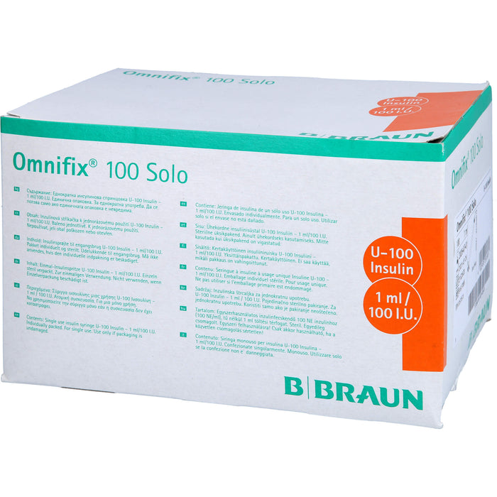 Omnifix 100 Solo Einmal-Insulinspritze für U-100-Insulin ohne Kanüle zur subkutanen Insulininjektion, 100 pcs. Syringes