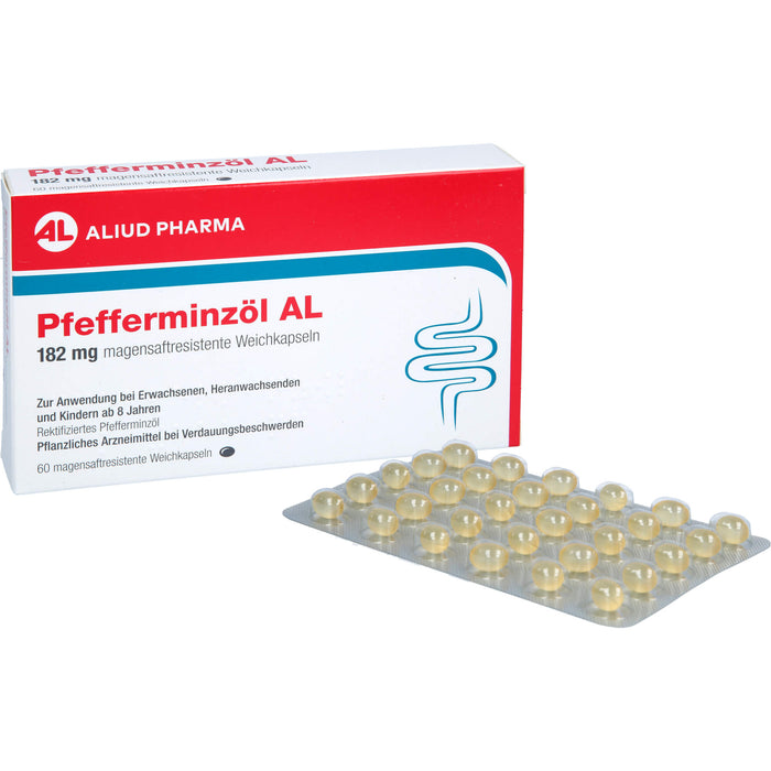 ALIUD PHARMA Pfefferminzöl 182 mg Weichkapseln zur Linderung von krampfartigen Beschwerden des Verdauungstraktes, 60 pcs. Capsules