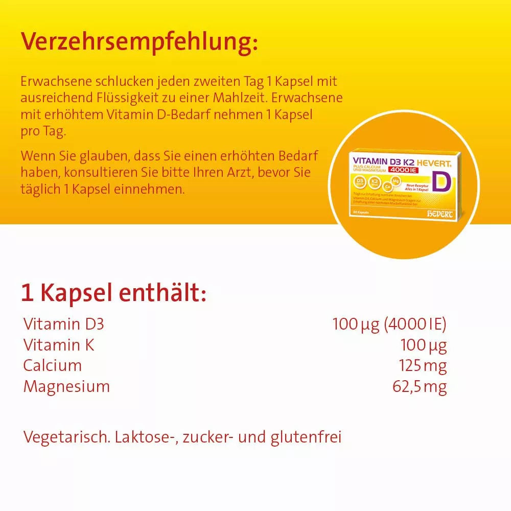 Vitamin D3 K2 Hevert® plus Calcium und Magnesium 4000 IE, 60 St., 60 St. Kapseln