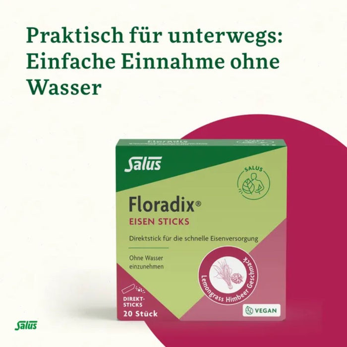 Floradix Eisen Sticks für die schnelle Eisenversorgung mit Lemongrass Himbeer Geschmack, 20 pc Bâtonnets