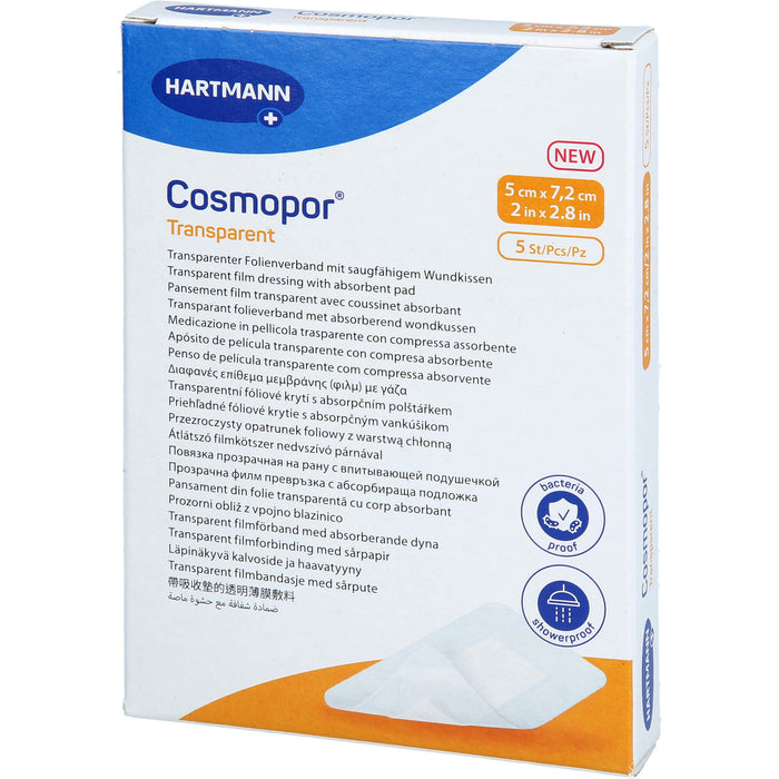 Cosmopor transparenter Folienverband mit saugfähigem Wundkissen 5 x 7,2 cm steril, 5 pc pansement