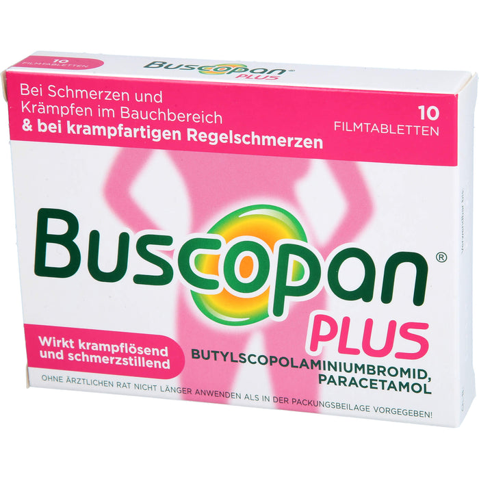 Buscopan plus 10 mg Butylscopolamin & 500 mg Paracetamol Filmtabletten bei Schmerzen und Krämpfen im Bauchbereich, 10 St. Tabletten