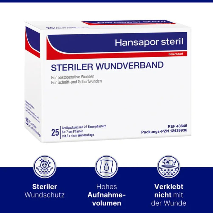 Hansapor steril Wundverband 6 x 7 cm Pflaster mit 3 x 4 cm Wundauflage, 25 pc Pansements