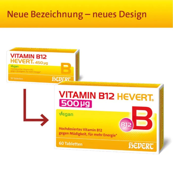 Vitamin B12 Hevert 500 µg – verringert Müdigkeit und unterstützt den Energiestoffwechsel, 60 pcs. Tablets