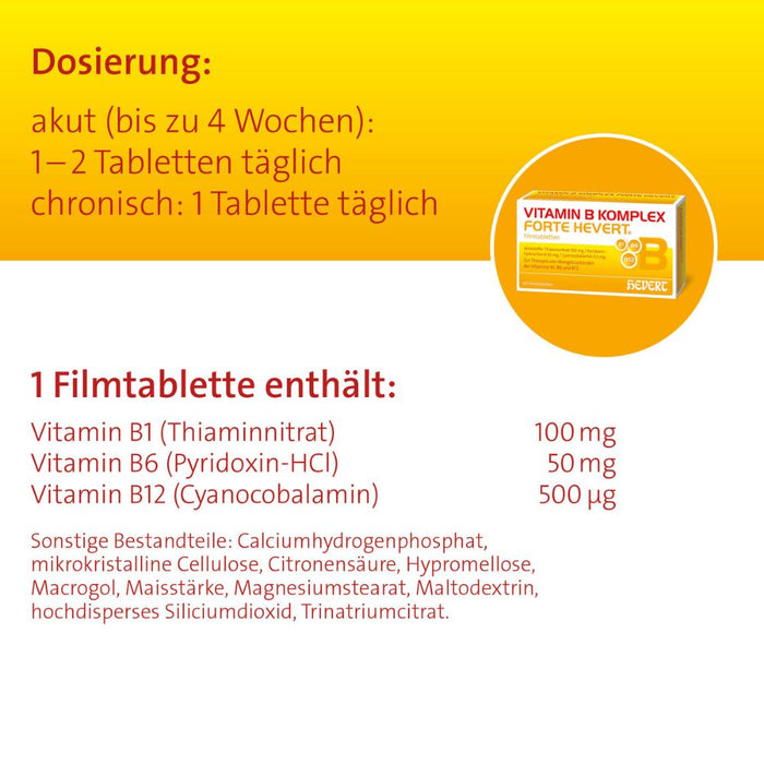 Vitamin B Komplex forte Hevert zur Therapie nachgewiesener Mangelzustände der Vitamine B1, B6 und B12, 200 pcs. Tablets