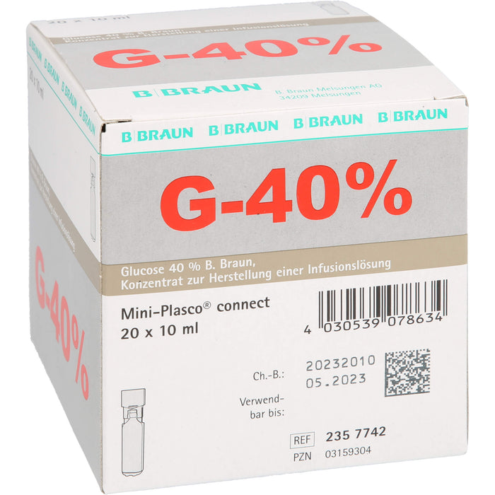 Glucose 40 % B. Braun Konzentrat zur Herstellung einer Infusionslösung, Mini Plasco connect 10 ml, 200 ml Lösung