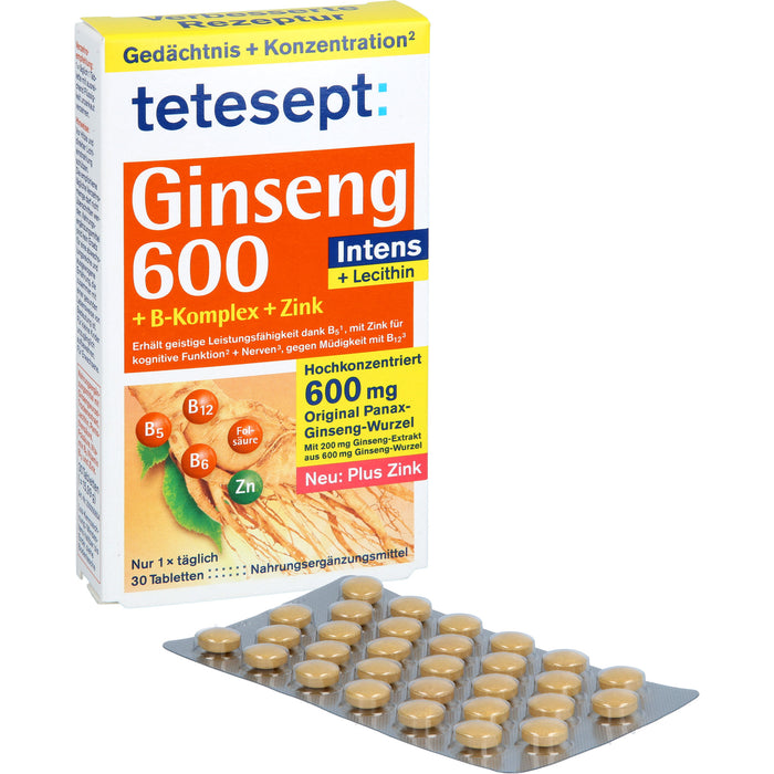 Tetesept Ginseng 600 Intens + B-Komplex + Zink Tabletten, 30 St. Tabletten