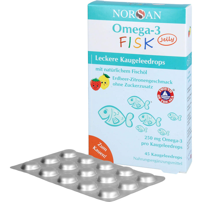 NORSAN Omega-3 FISK Jelly - für Kinder leckere Kaugeleedrops mit Erdbeer-Zitronengeschmack, 45 pcs. Gum drops