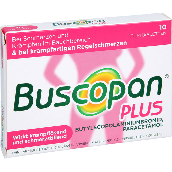 Buscopan plus 10 mg Butylscopolamin & 500 mg Paracetamol Filmtabletten bei Schmerzen und Krämpfen im Bauchbereich, 10 St. Tabletten