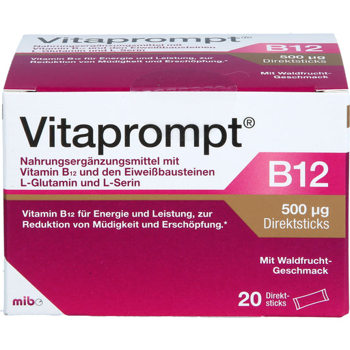 Vitaprompt B12 500 μg Direktsticks mit Waldfrucht-Geschmack zur Reduktion von Müdigkeit und Erschöpfung, 20 St. Sticks