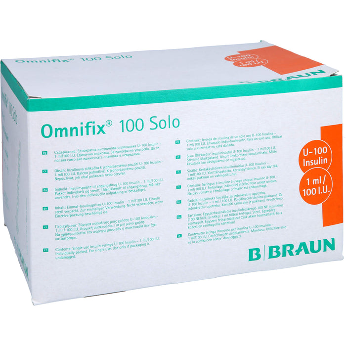 Omnifix 100 Solo Einmal-Insulinspritze für U-100-Insulin ohne Kanüle zur subkutanen Insulininjektion, 100 pcs. Syringes