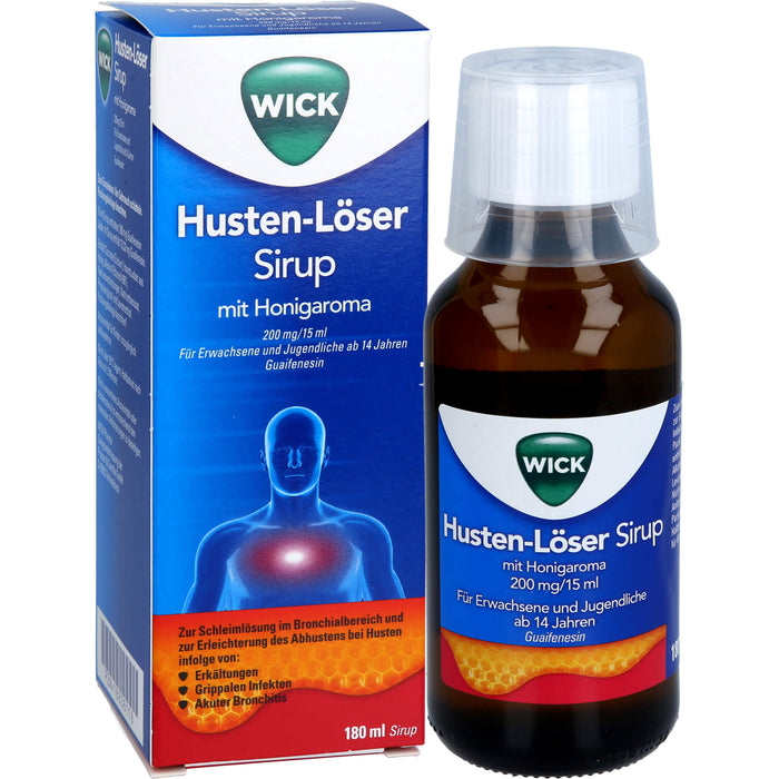 WICK Husten-Löser Sirup mit Honigaroma mit Guaifenesin zur Linderung von produktivem Husten, 180 ml Lösung