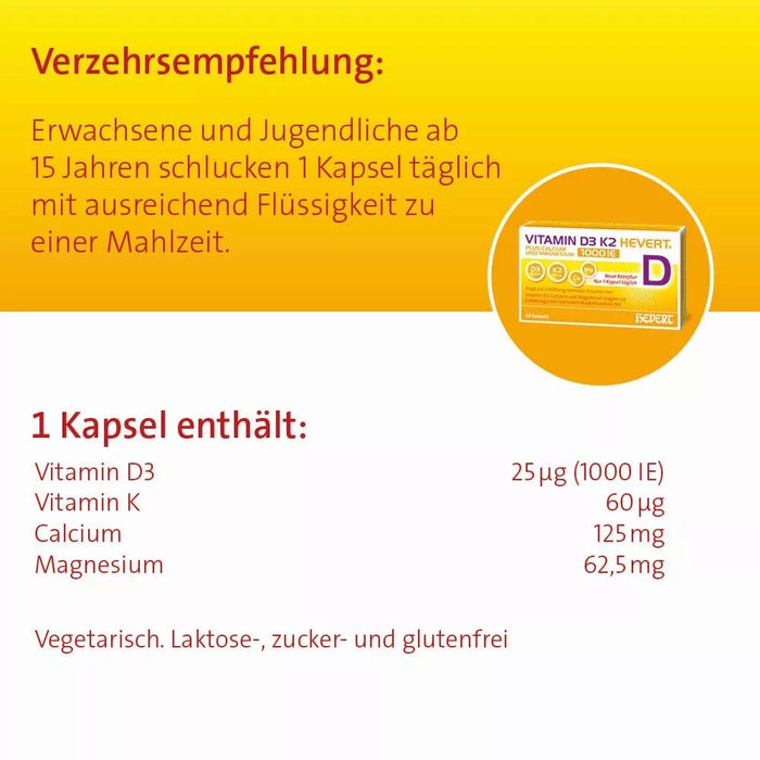 Vitamin D3 K2 Hevert plus Calcium und Magnesium 1.000 I.E. mit 4-fach Osteo-Formel für gesunde Knochen und Muskeln, 120 St. Kapseln