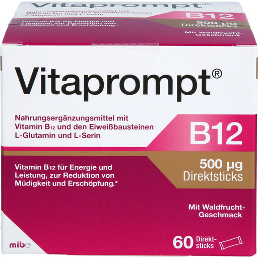 Vitaprompt B12 500 μg Direktsticks mit Waldfrucht-Geschmack zur Reduktion von Müdigkeit und Erschöpfung, 60 St. Sticks
