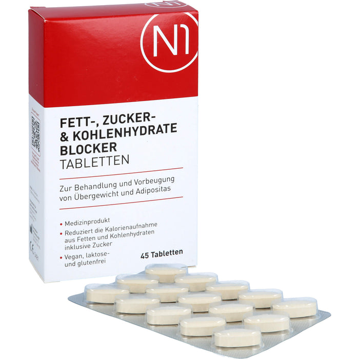 N1 Fett- Zucker- & Kohlenhydrate Blocker Tabletten zur Behandlung und Vorbeugung von Übergewicht und Adipositas, 45 pc Tablettes