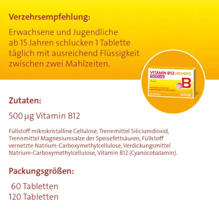 Vitamin B12 Hevert 500 µg – verringert Müdigkeit und unterstützt den Energiestoffwechsel, 60 pcs. Tablets