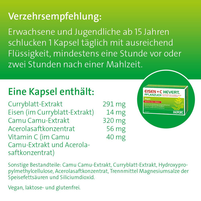 Eisen + C Hevert pflanzlich mit natürlichem Eisen und Vitamin C, 60 pcs. Capsules