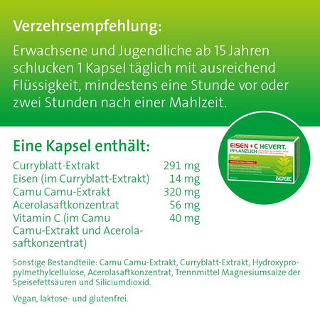 Eisen + C Hevert pflanzlich mit natürlichem Eisen und Vitamin C, 60 St. Kapseln