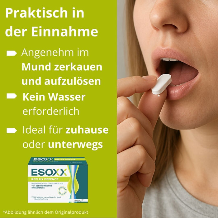 ESOXX Defence - Schnelle Hilfe bei Sodbrennen & Reflux, schützt Speiseröhre und Magen - mit Hyaluronsäure, Chondroitinsulfat & Magnesiumtrisilikat - glutenfrei & laktosefrei, 20 pc Tablettes