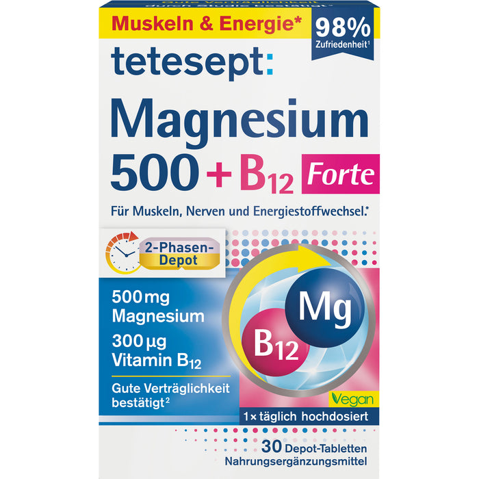 Tetesept Magnesium 500 + B12 Forte Depot-Tabletten für Muskeln, Nerven und Energiestoffwechsel, 30 St. Tabletten
