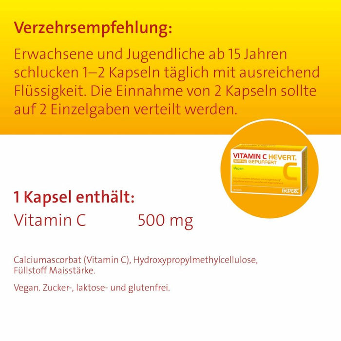 Vitamin C Hevert 500 mg gepuffert als magenfreundliches Multi-Talent für die Gesundheit, 60 pcs. Capsules