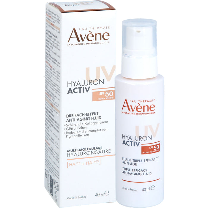 Avene Hyaluron activ UV Anti-Aging-Fluid mit dreifacher Wirksamkeit und LSF 50 glättet Falten und reduziert Pigmentflecken, 40 ml Lösung
