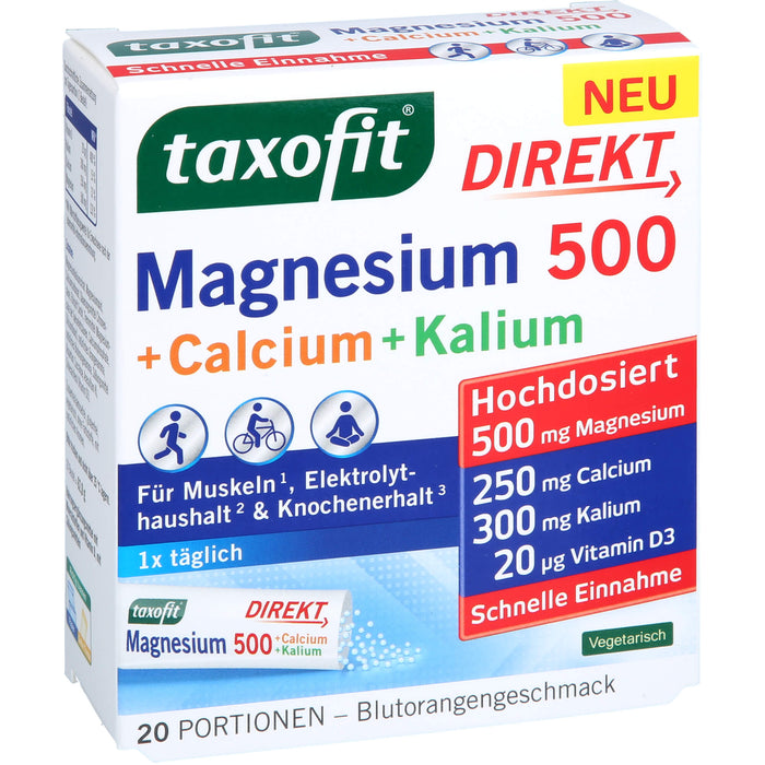 Taxofit Magnesium 500 + Calcium + Kalium Direktgranulat mit Blutorangengeschmack, 20 pc Sachets