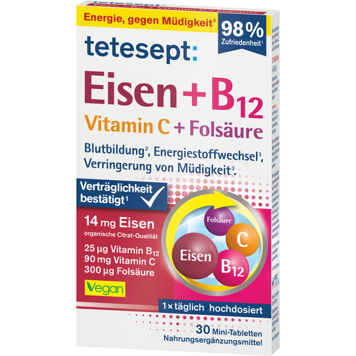 Tetesept Eisen + B12 + Vitamin C + Folsäure Tabletten für die Blutbildung, Energiestoffwechsel und zur Verringerung von Müdigkeit, 30 St. Tabletten