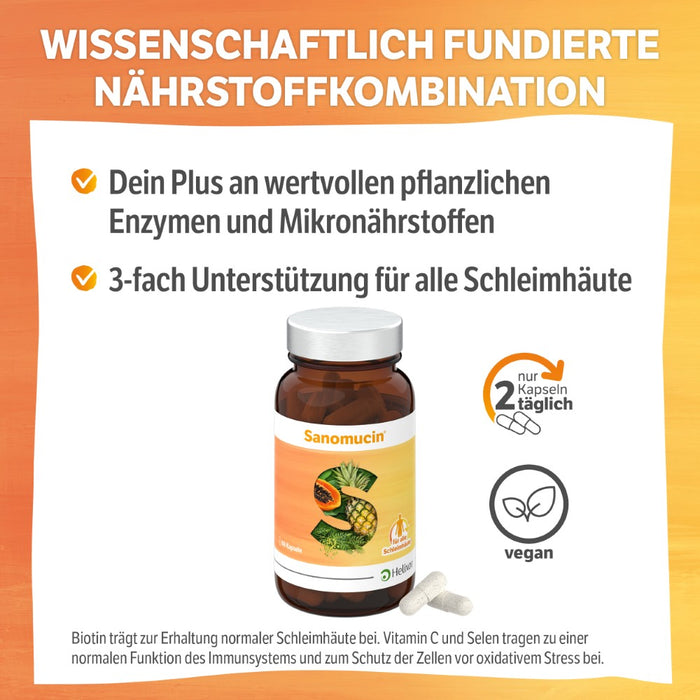 HELIXOR Sanomucin - 3-fach Unterstützung für alle Schleimhäute - Wissenschaftlich fundierte Nährstoffkombination mit Pflanzlichen Enzymen, Linsenextrakt, Vitaminen + Selen - Vegan, 60 pc Capsules