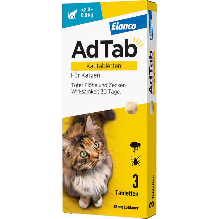 AdTab Kautabletten für Katzen über 2 bis 8 kg gegen Zecken und Flöhe, 3 pc 