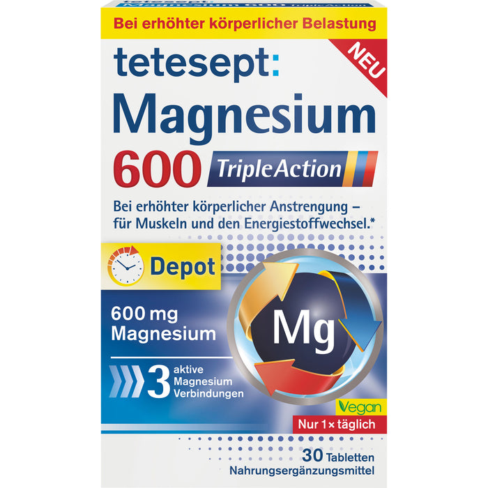 Tetesept Magnesium 600 Triple Action Filmtabletten für Muskeln und den Energiestoffwechsel, 30 g Tabletten