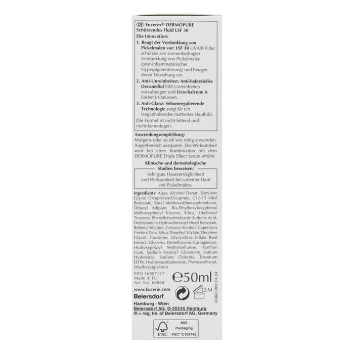 Eucerin Dermopure schützendes Fluid LSF 30 beugt der Verdunkelung von Pickelmalen und Unreinheiten vor, 50 ml Crème