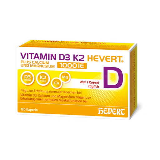 Vitamin D3 K2 Hevert plus Calcium und Magnesium 1.000 I.E. Kapseln, 120 St. Kapseln