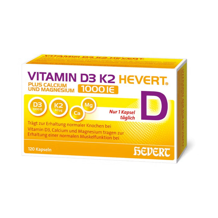 Vitamin D3 K2 Hevert plus Calcium und Magnesium 1.000 I.E. Kapseln, 120 St. Kapseln