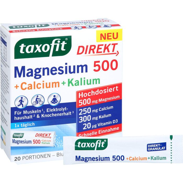 Taxofit Magnesium 500 + Calcium + Kalium Direktgranulat mit Blutorangengeschmack, 20 pc Sachets