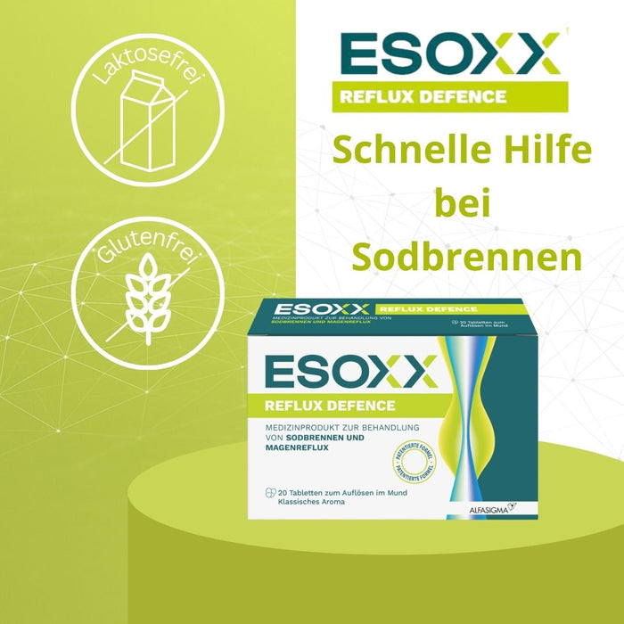 ESOXX Defence - Schnelle Hilfe bei Sodbrennen & Reflux, schützt Speiseröhre und Magen - mit Hyaluronsäure, Chondroitinsulfat & Magnesiumtrisilikat - glutenfrei & laktosefrei, 20 pc Tablettes