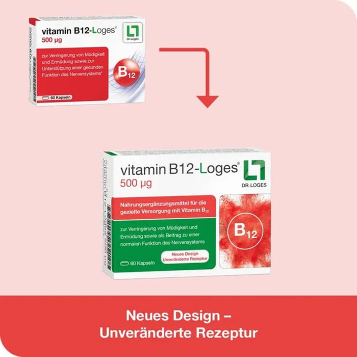 Vitamin B12-Loges 500 µg Kapseln zur Verringerung von Müdigkeit & trägt zu einer normalen Funktion des Nervensystems bei, 120 pcs. Capsules