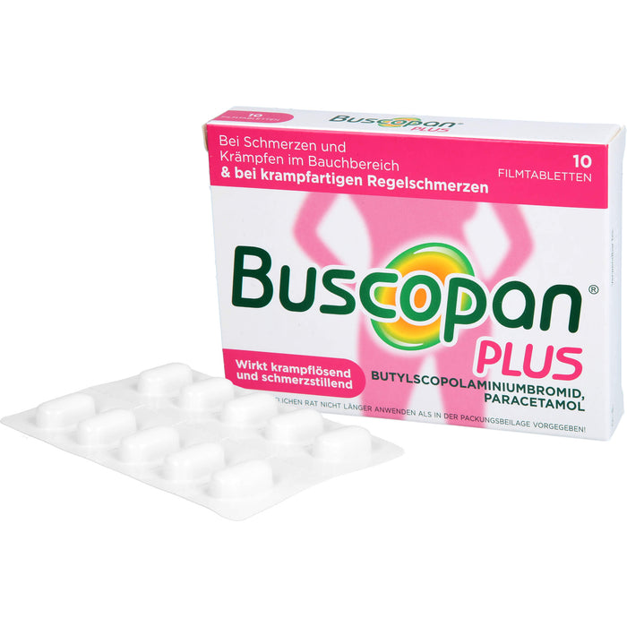 Buscopan plus 10 mg Butylscopolamin & 500 mg Paracetamol Filmtabletten bei Schmerzen und Krämpfen im Bauchbereich, 10 St. Tabletten