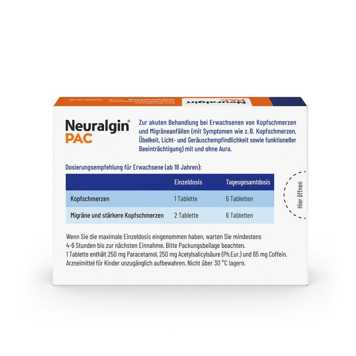 Neuralgin PAC  3-fach Wirkstoffkombination für schnelle Linderung bei Kopfschmerzen und Migräne, 20 pcs. Tablets