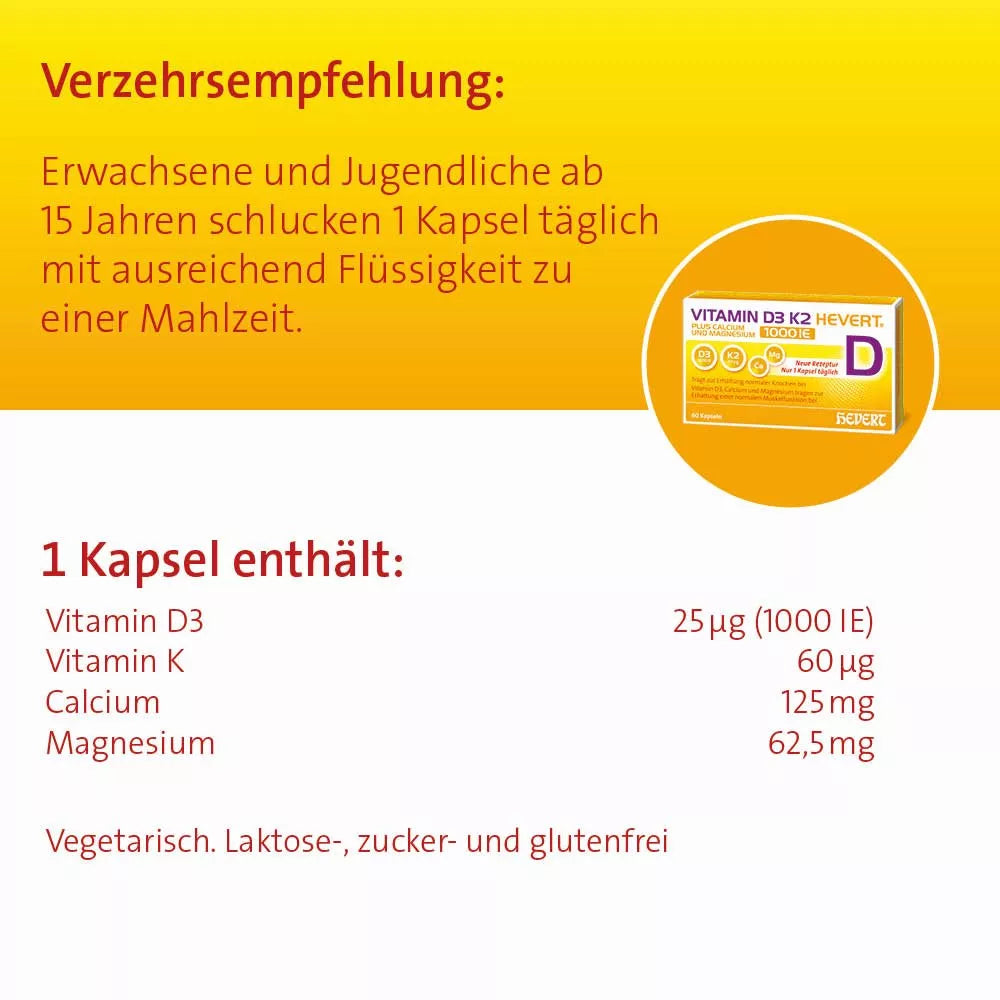 Vitamin D3 K2 Hevert plus Calcium und Magnesium 1.000 I.E. mit 4-fach Osteo-Formel für gesunde Knochen und Muskeln, 60 St. Kapseln