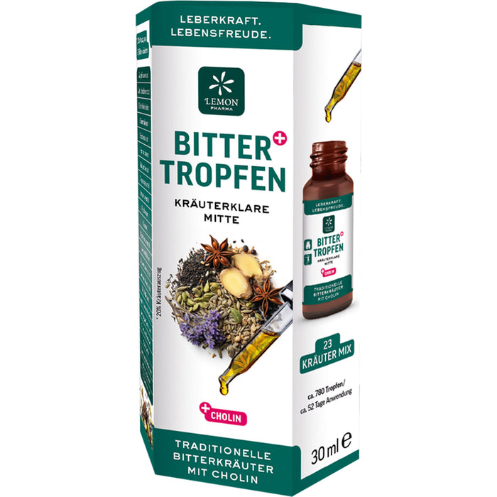 Lemon Pharma Bittertropfen mit Cholin - 23 ausgewählte Kräuter für natürliche Balance und ein gutes Bauchgefühl, 30 ml 