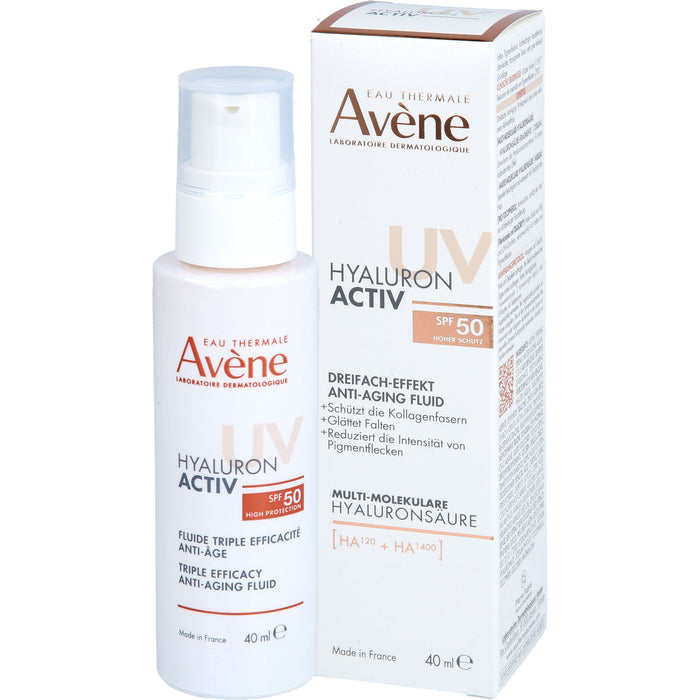 Avene Hyaluron activ UV Anti-Aging-Fluid mit dreifacher Wirksamkeit und LSF 50 glättet Falten und reduziert Pigmentflecken, 40 ml Lösung