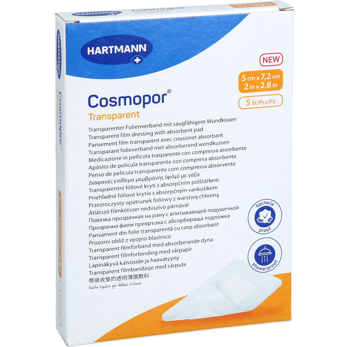 Cosmopor transparenter Folienverband mit saugfähigem Wundkissen 5 x 7,2 cm steril, 5 pcs. dressing